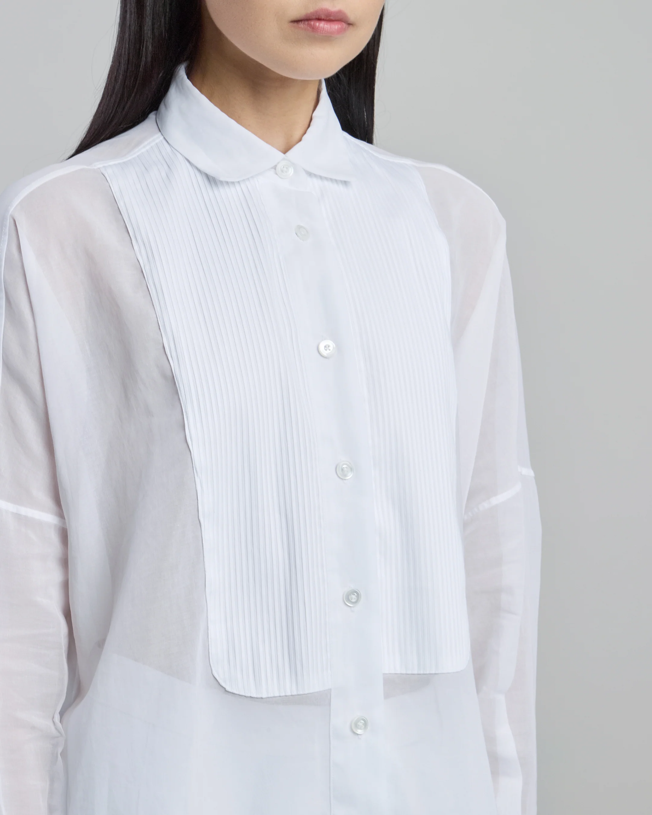 Camicia Lunga in Garza di Cotone con Plastron - Image 3