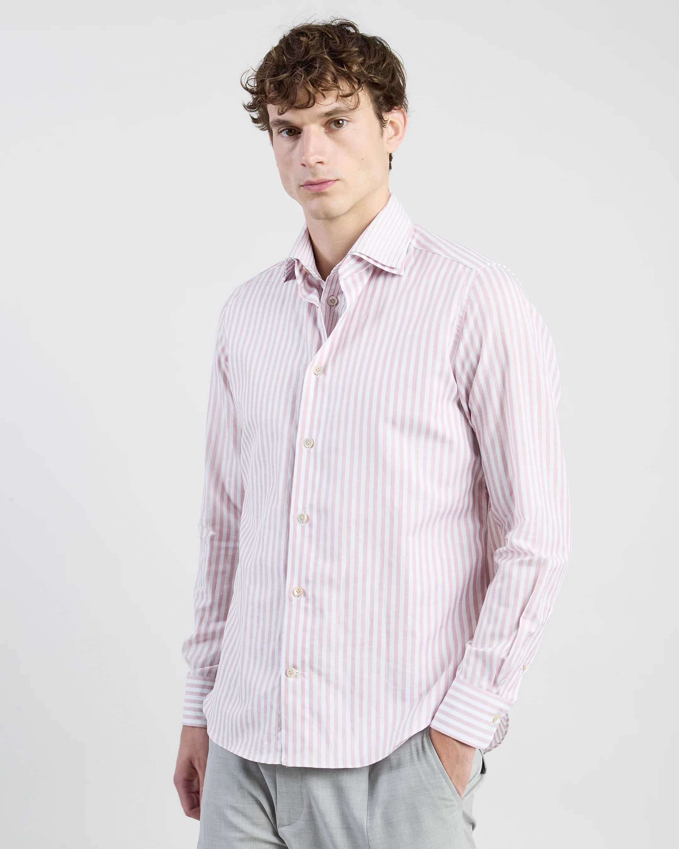 Camicia Dandy in Cotone e Lino a Righe con Doppio Collo