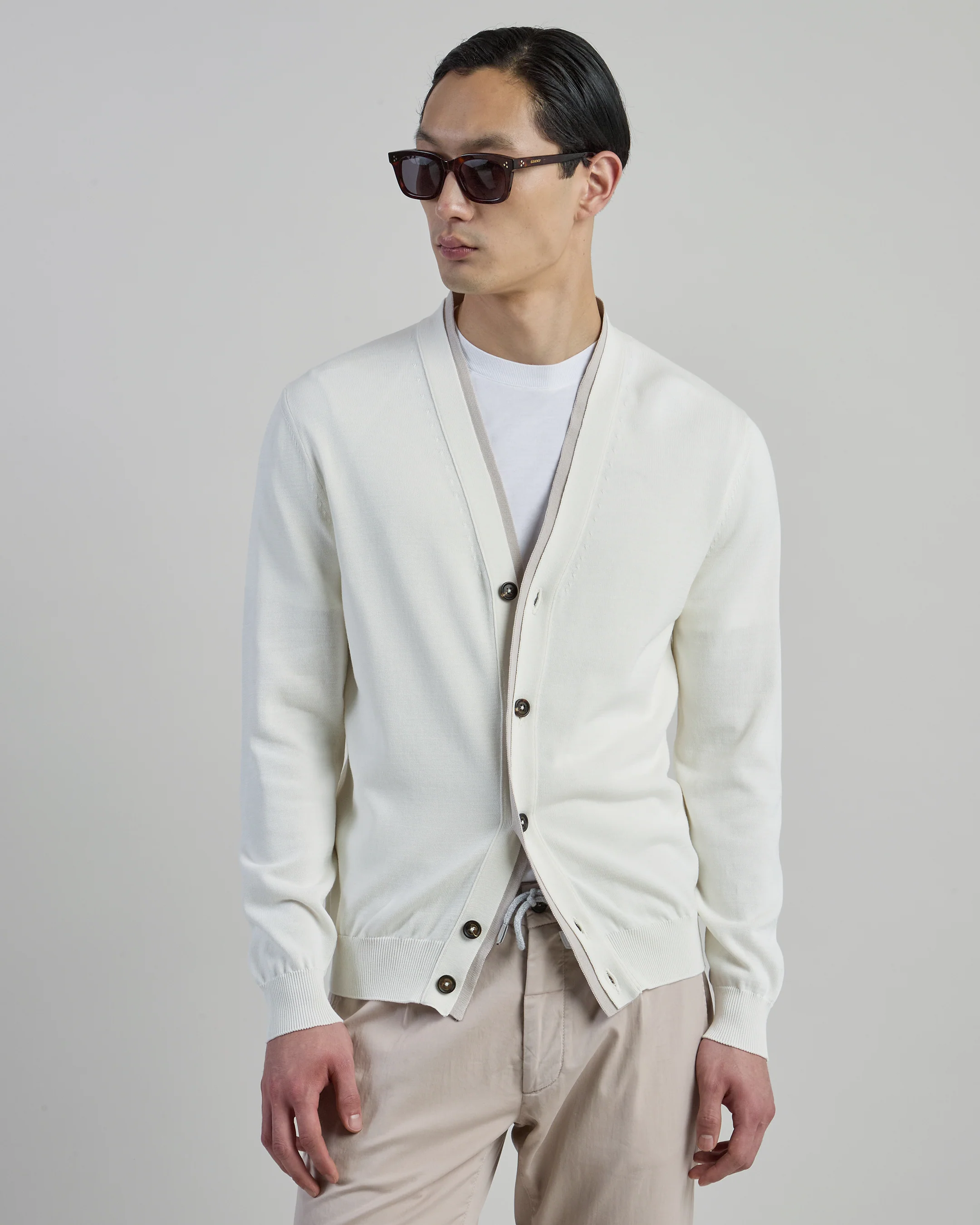 Cardigan in Cotone con Doppia Finta e Bottoni in Corno