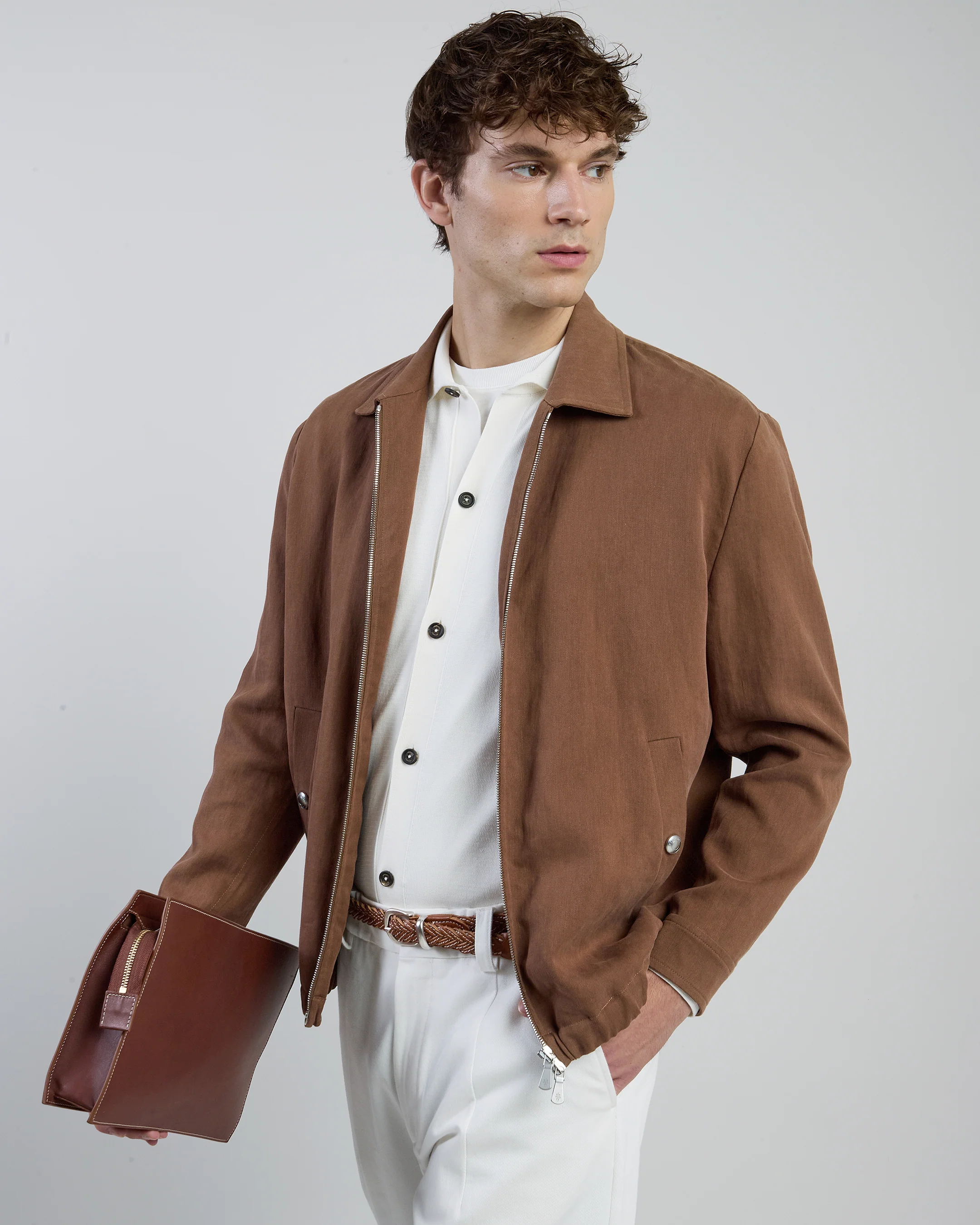 Giubbino Bomber in Fresco Lino con Zip e Collo Camicia