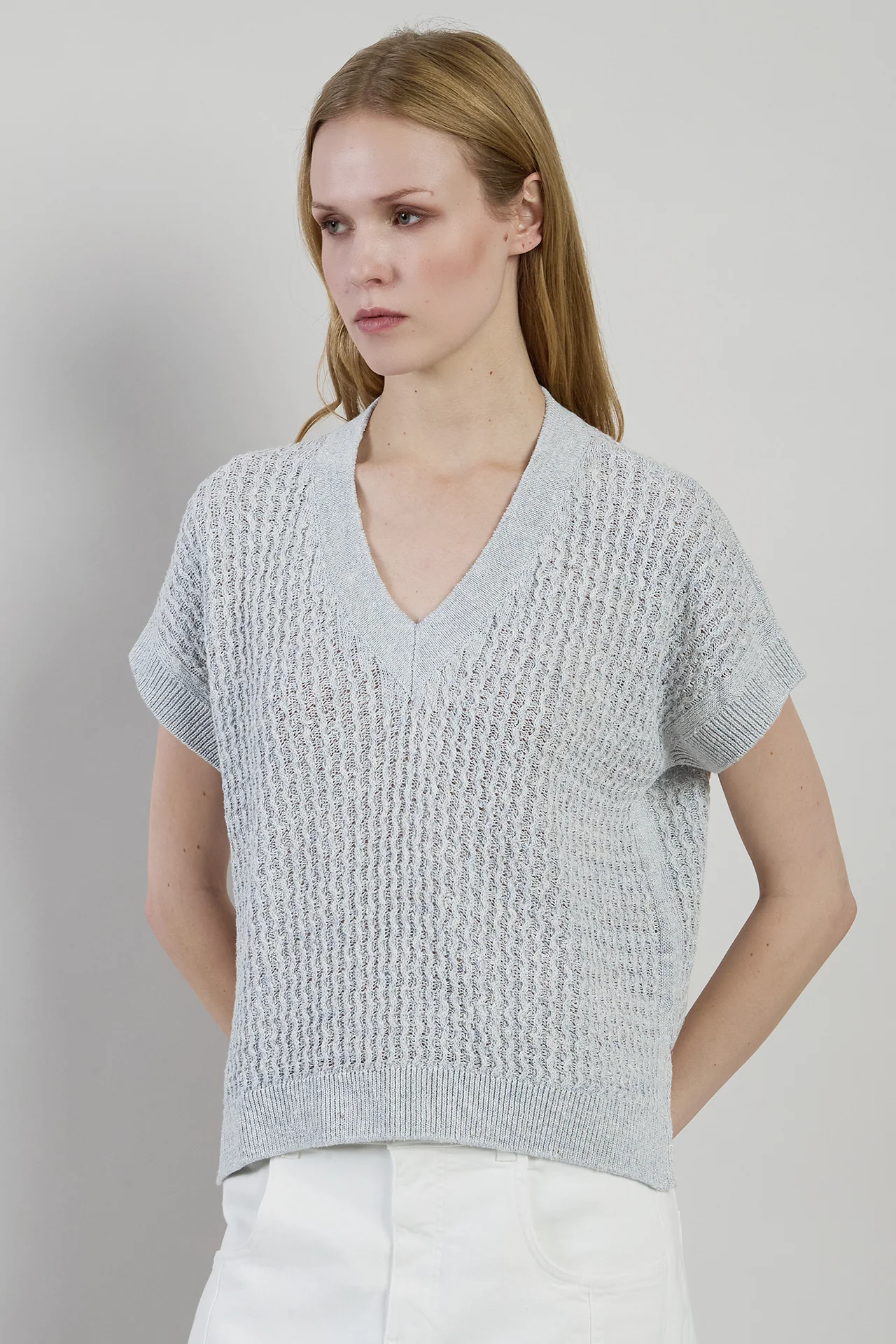 Maglia Scollo a V in Lino Cotone e Seta da Donna