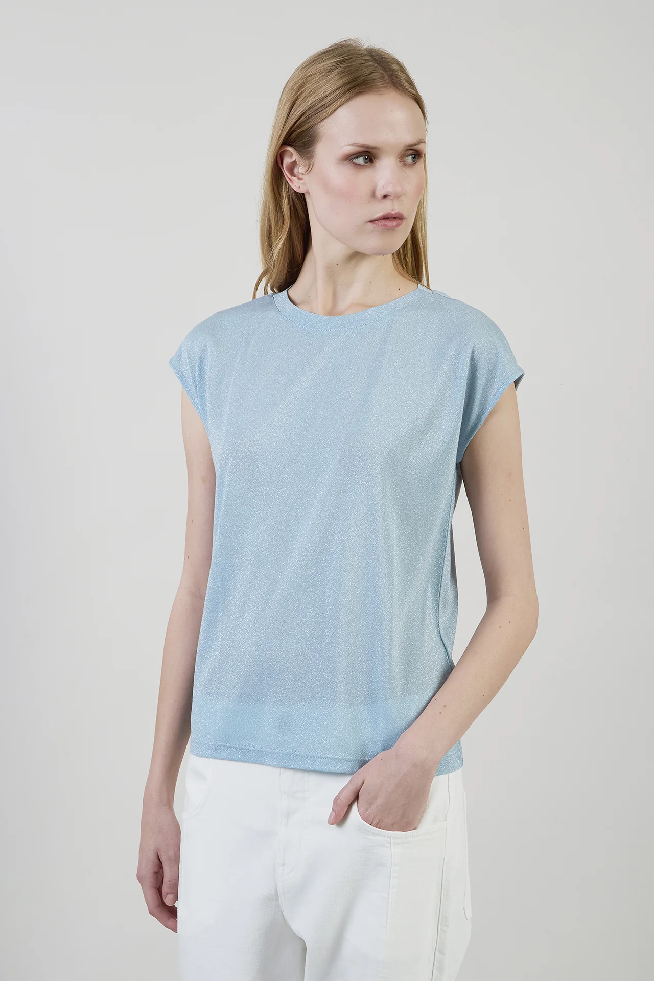 T-shirt Girocollo Smanicata in Jersey Metallizzato